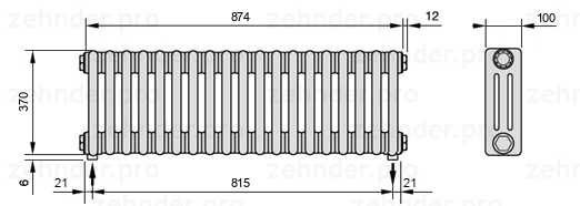 Схема (чертеж) Радиатор Zehnder Charleston 3037/19 №3570 Белый глянцевый RAL 9016